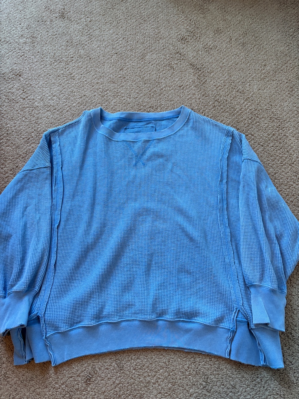 Womens Aerie Light Blue Oversized Waffle Knit Long Sleeve Shirt